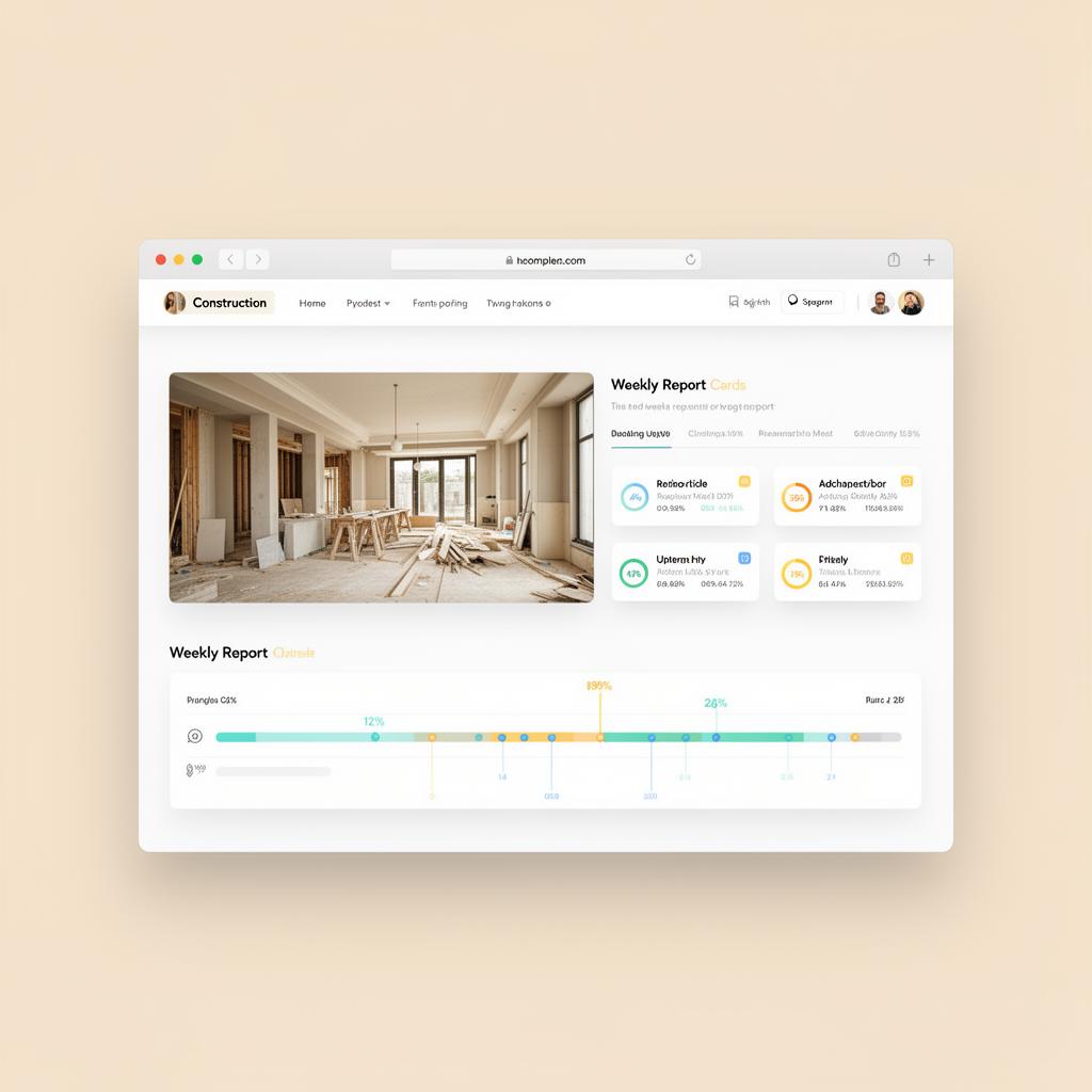 Portal do cliente da ObraClara mostrando o andamento de uma obra residencial de alto padrão